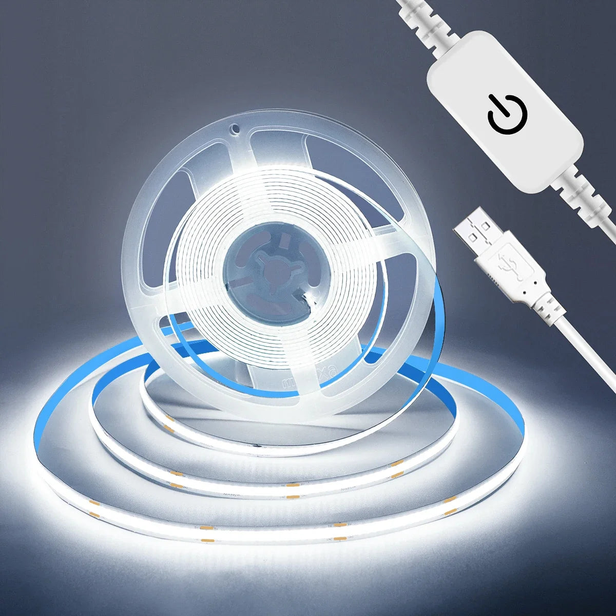 Cold white COB LED strip on reel with touch dimmer inline power switch, blue glow