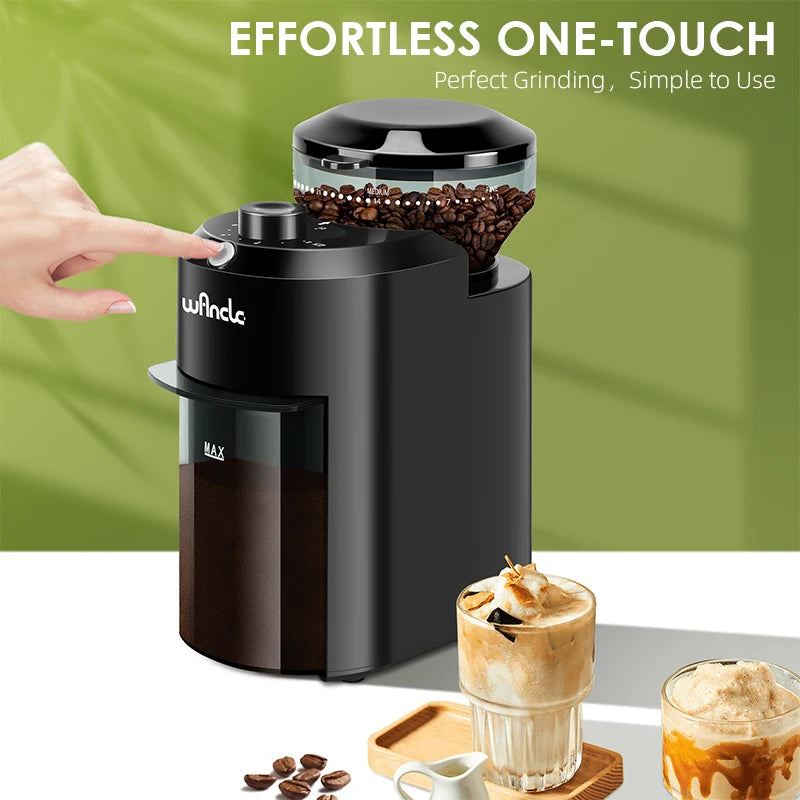 Wincle black electric coffee grinder with one-touch button, hopper for beans, and large capacity grounds container.
