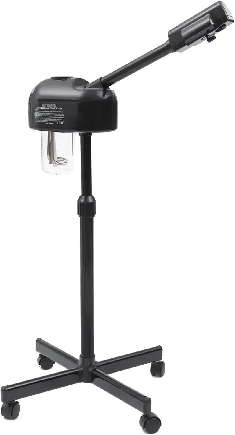 Portable black professional facial steamer on wheels with adjustable stand for salon and home skincare use.