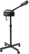 Portable black professional facial steamer on wheels with adjustable stand for salon and home skincare use.