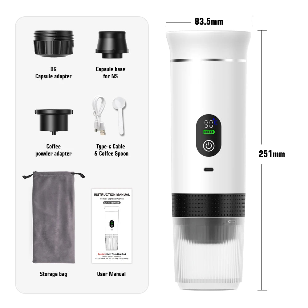White portable espresso machine with digital display, capsule adapters, accessories, and dimensions 251mm x 83.5mm.