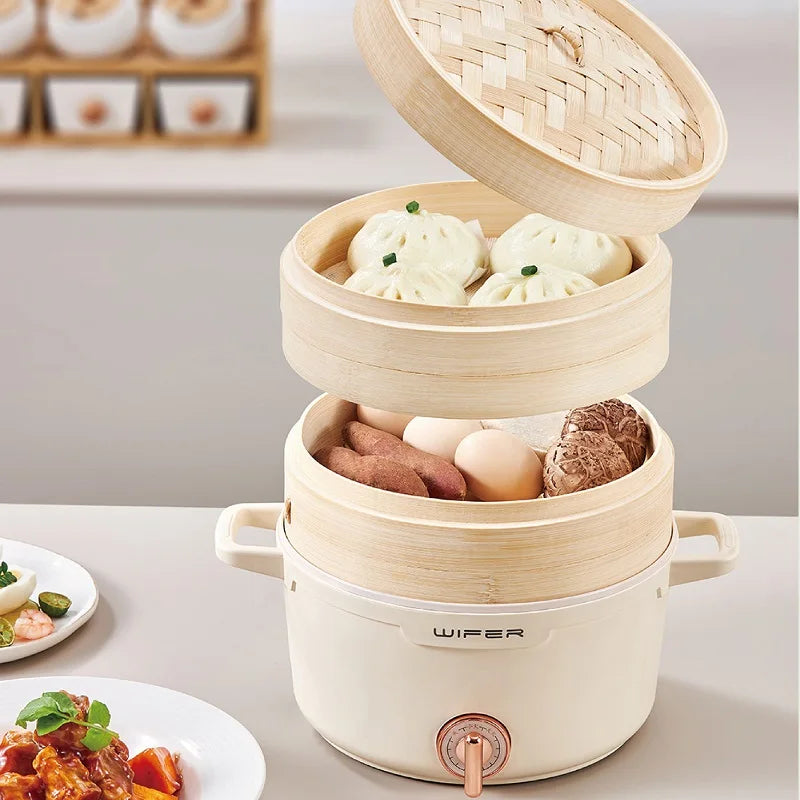 2.2L double-layer bamboo steamer electric cooking pot with open lid and two baskets