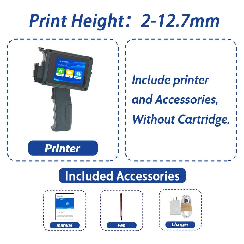 Handheld inkjet coding printer with screen, print height 2–12.7mm