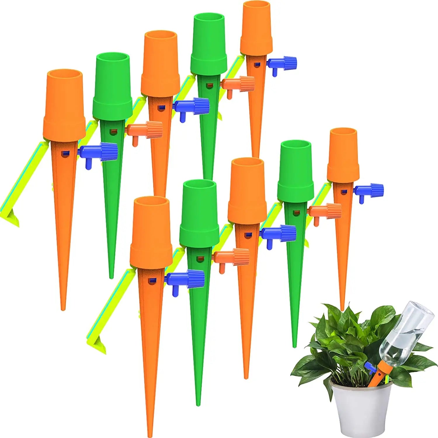 Auto drip irrigation spike kit with multiple green and orange drippers and blue adjusters
