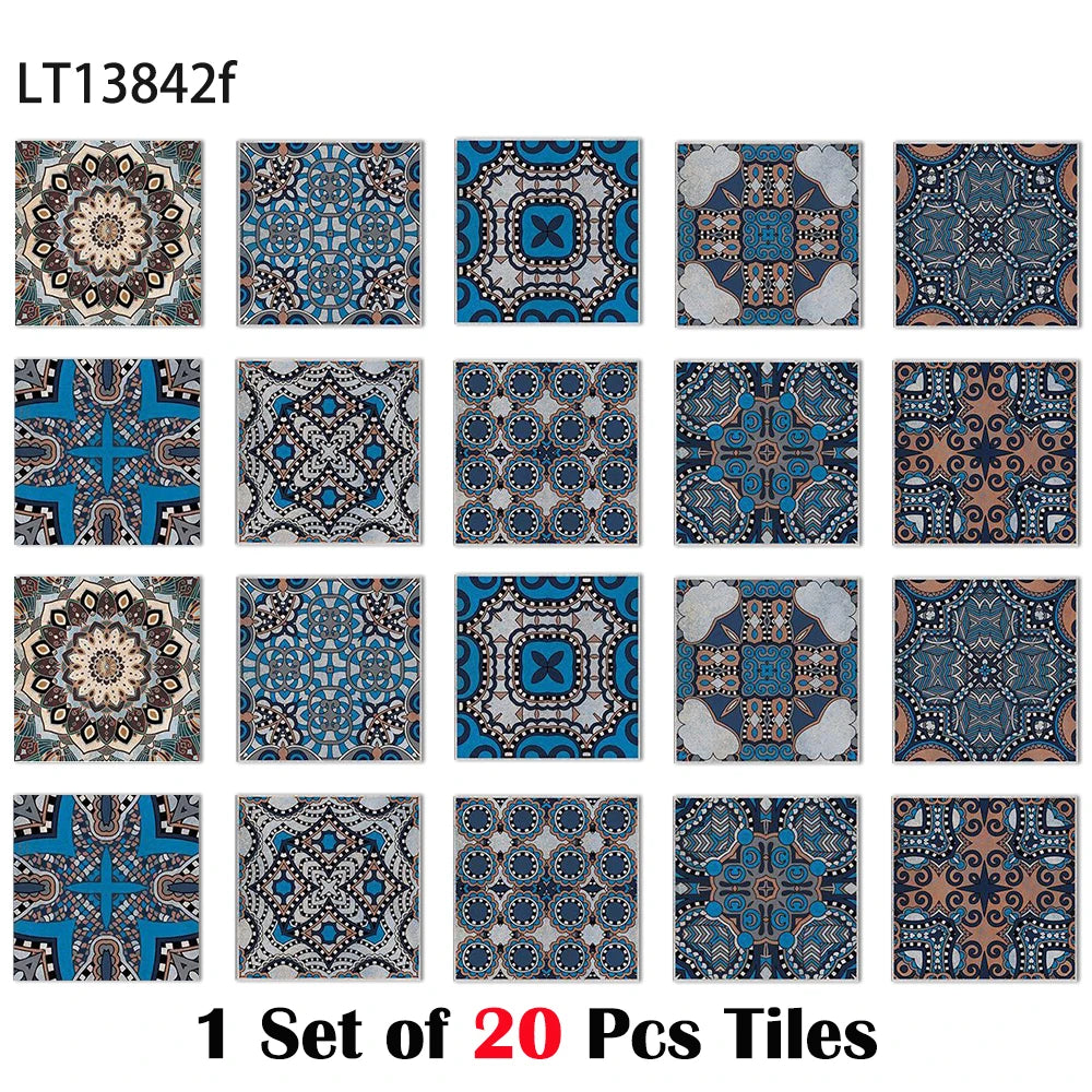 Glossy boho tile stickers set of 20, blue and black ornate tile medallion patterns
