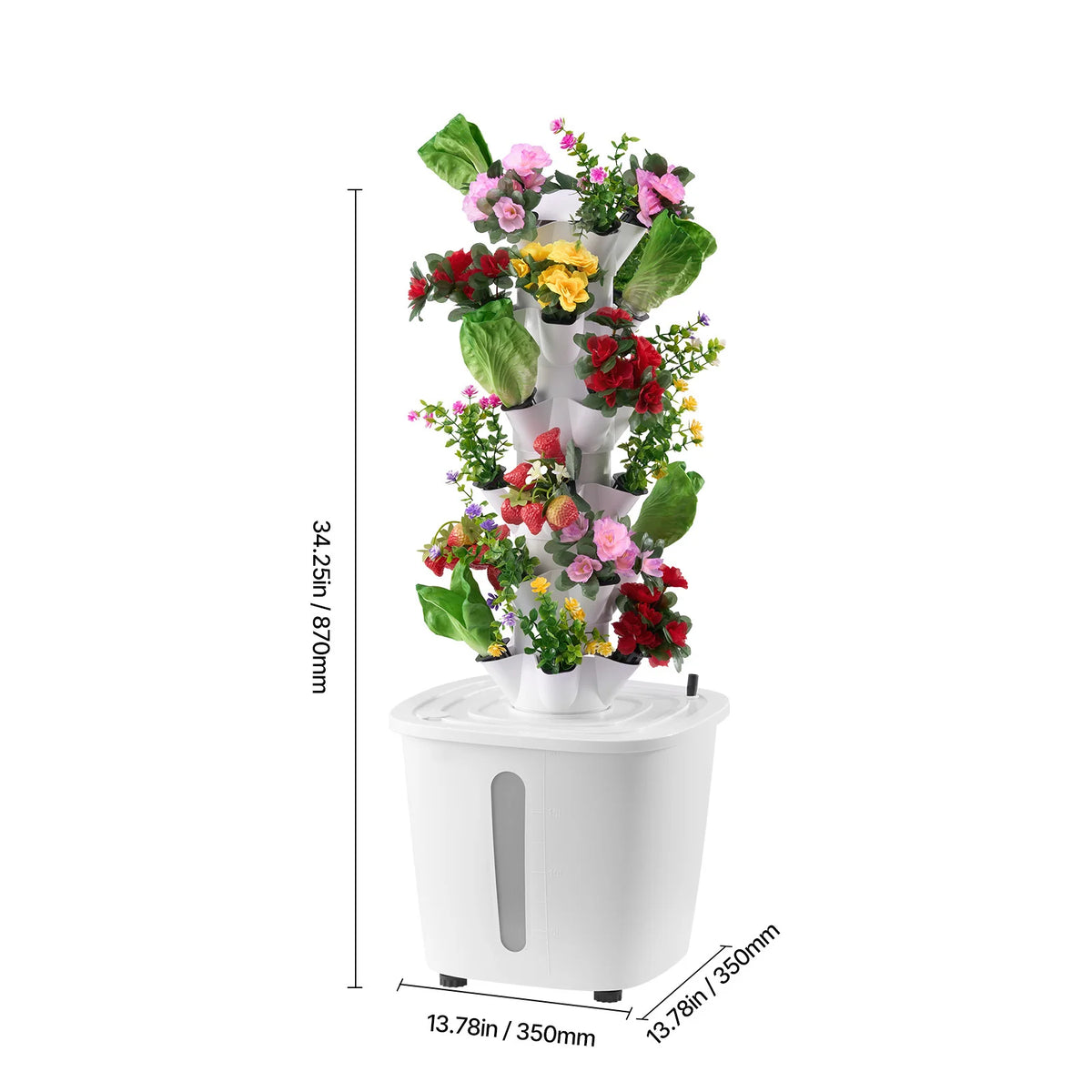 White vertical hydroponic tower with stacked planting cups and flowering plants on reservoir