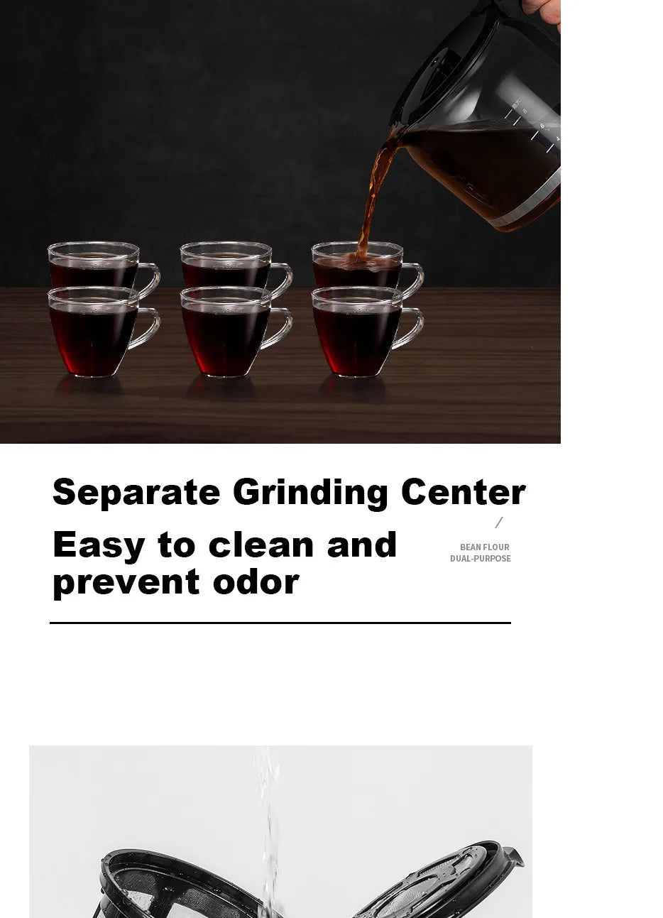 Black coffee maker pouring coffee into six glass cups. Features separate grinding center for easy cleaning and odor.