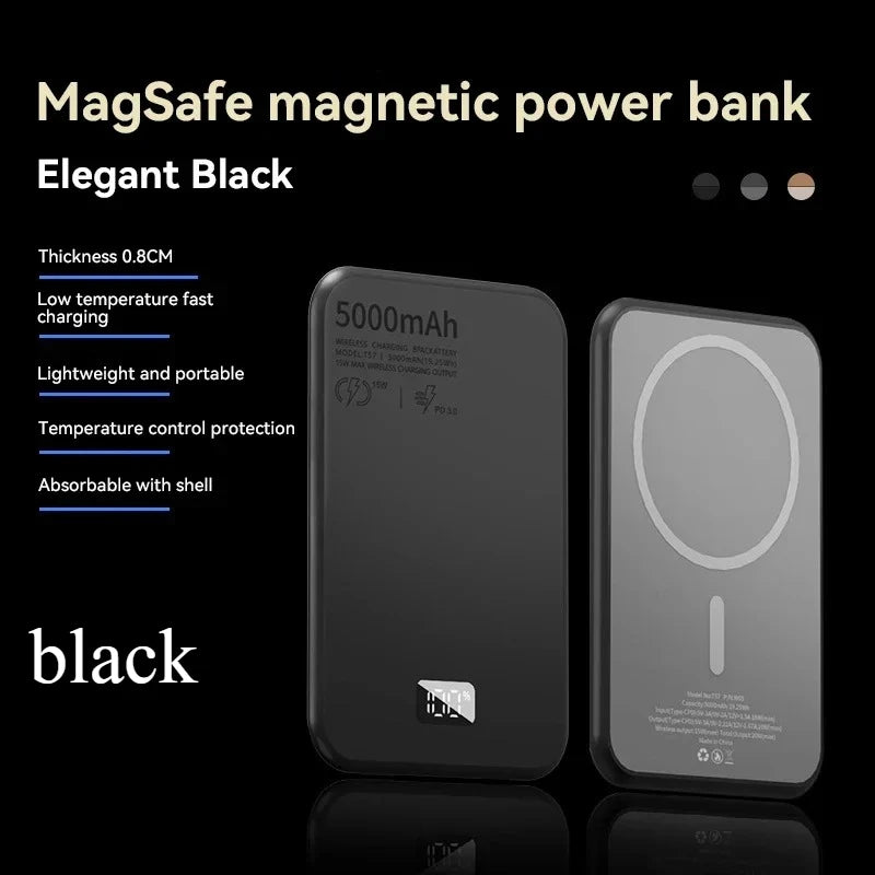 Magnetic Wireless Power Bank 5000mAh - 20W PD Fast Charging Portable Charger Black 5000mAh Tidesmit