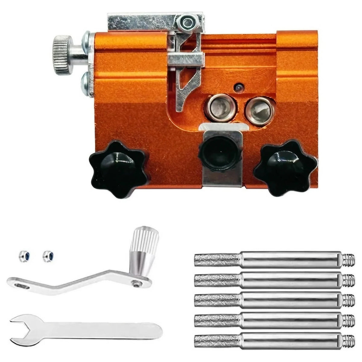 Orange manual chainsaw sharpener kit with burr stone bits and included wrench tools