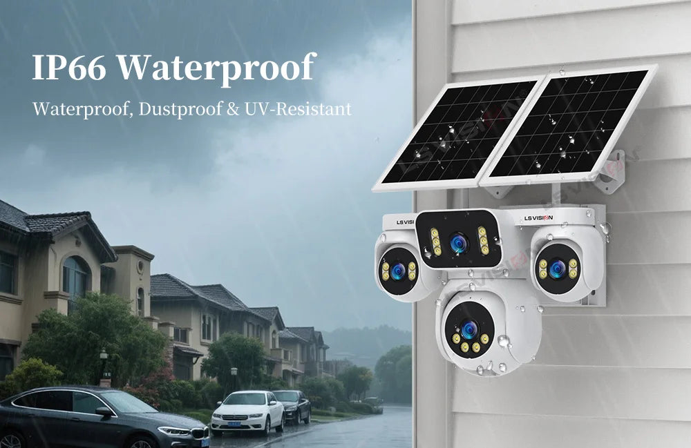 LS VISION 20MP Four Screens Solar Security Camera Outdoor 12X Zoom 4-Lens 4G Sim Ai Tracking Waterproof CCTV 24/7 Recording AOV