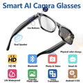 Black smart glasses with built-in cameras, speakers, and color-changing lenses for recording, audio, and translation.
