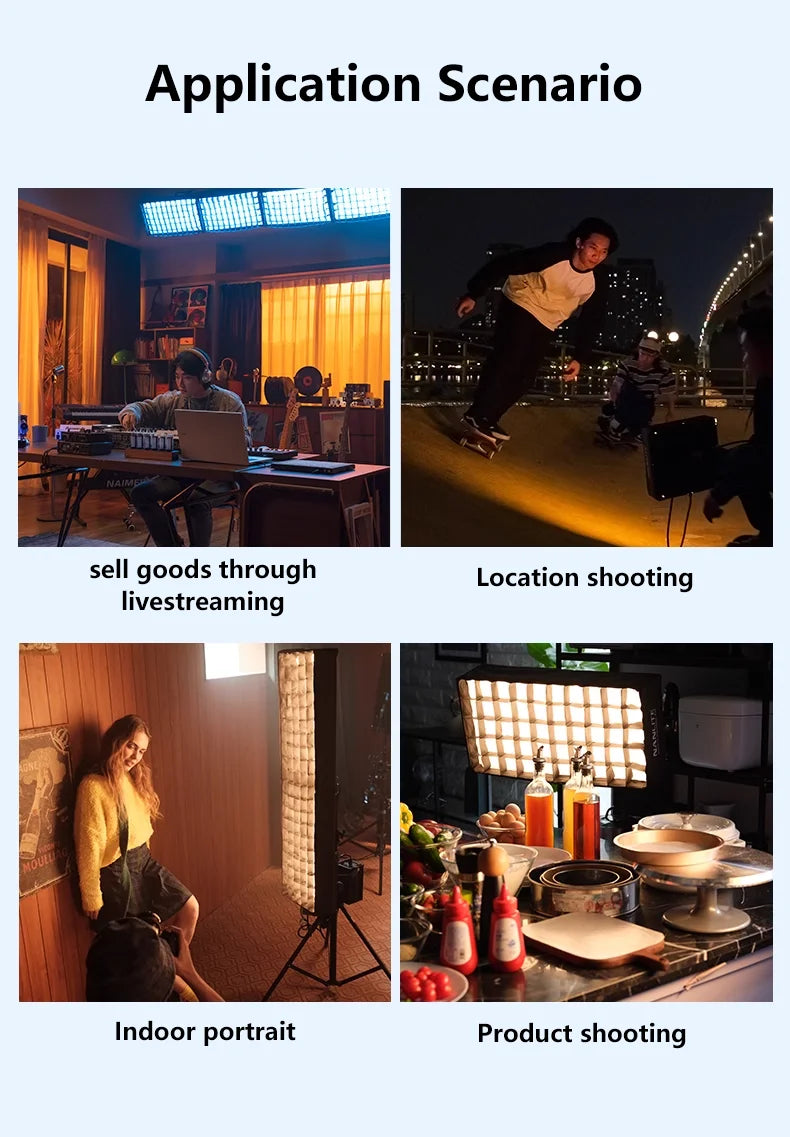 LED panel light with softbox grid used for livestreaming, outdoor, portrait, and product photography setups.