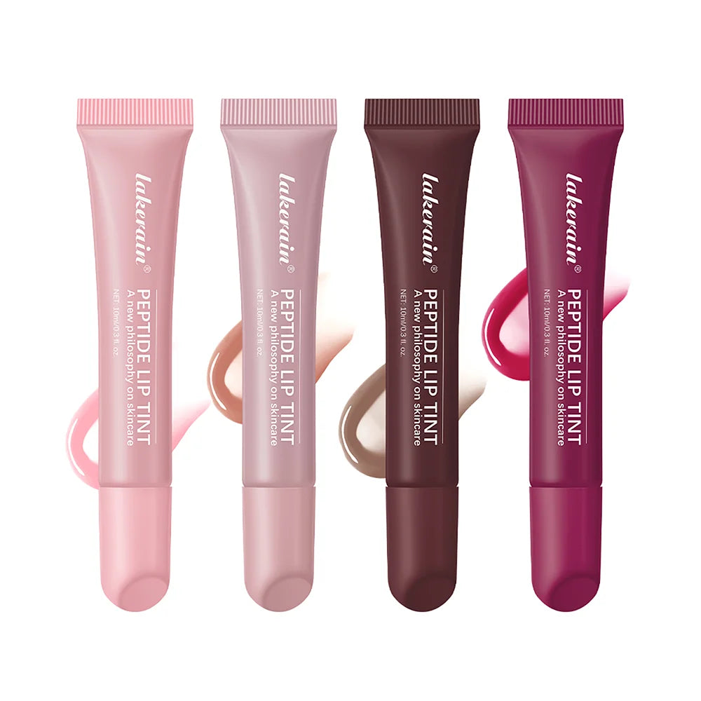 Lakerain Peptide Lip Tint set: four hydrating, high-shine nude and berry plumping lip glosses with a glass finish.
