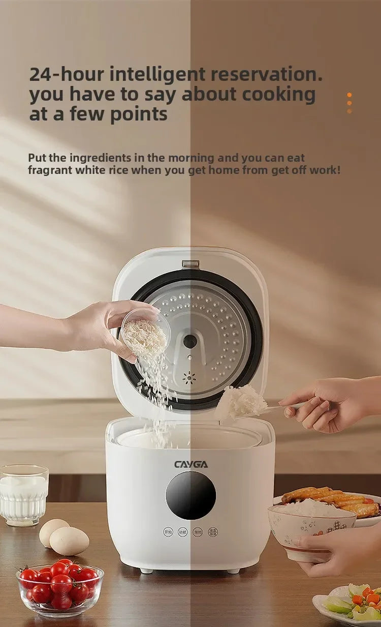 White rice cooker with 24-hour reservation concept; rice being added to inner pot