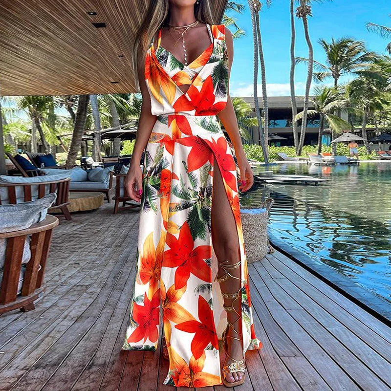 New Sexy Sets Women Summer Beach Style Printed Hollow Out Party Dress Outfit Deep V-Neck Bra Split Dress 2PCS Suits Dropshipping
