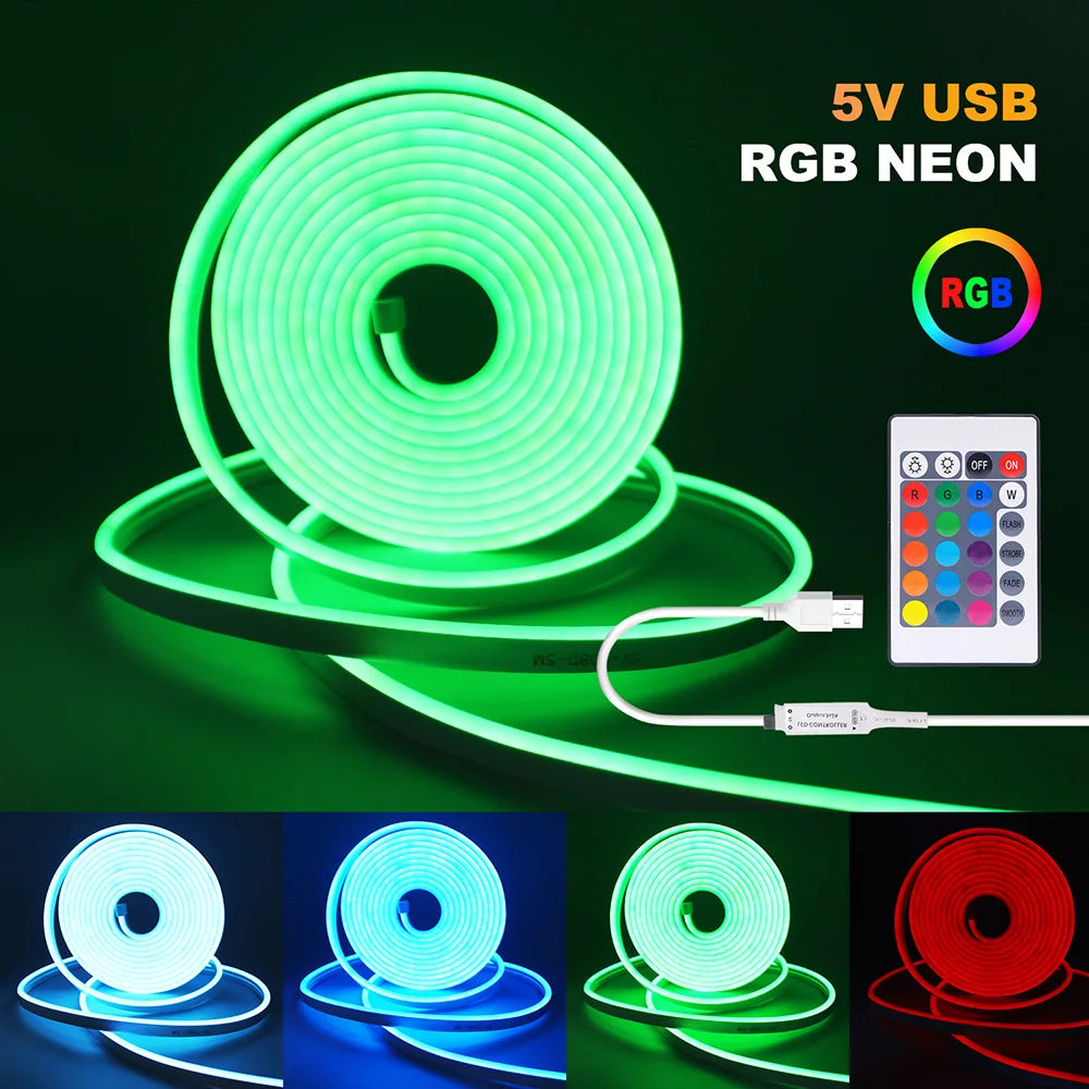 5V USB RGB LED Neon Strip Light 24key Remote Control Adhesive Tape 3535 108LED/m 6x12mm Waterproof Flexible Lamp Home Decoration
