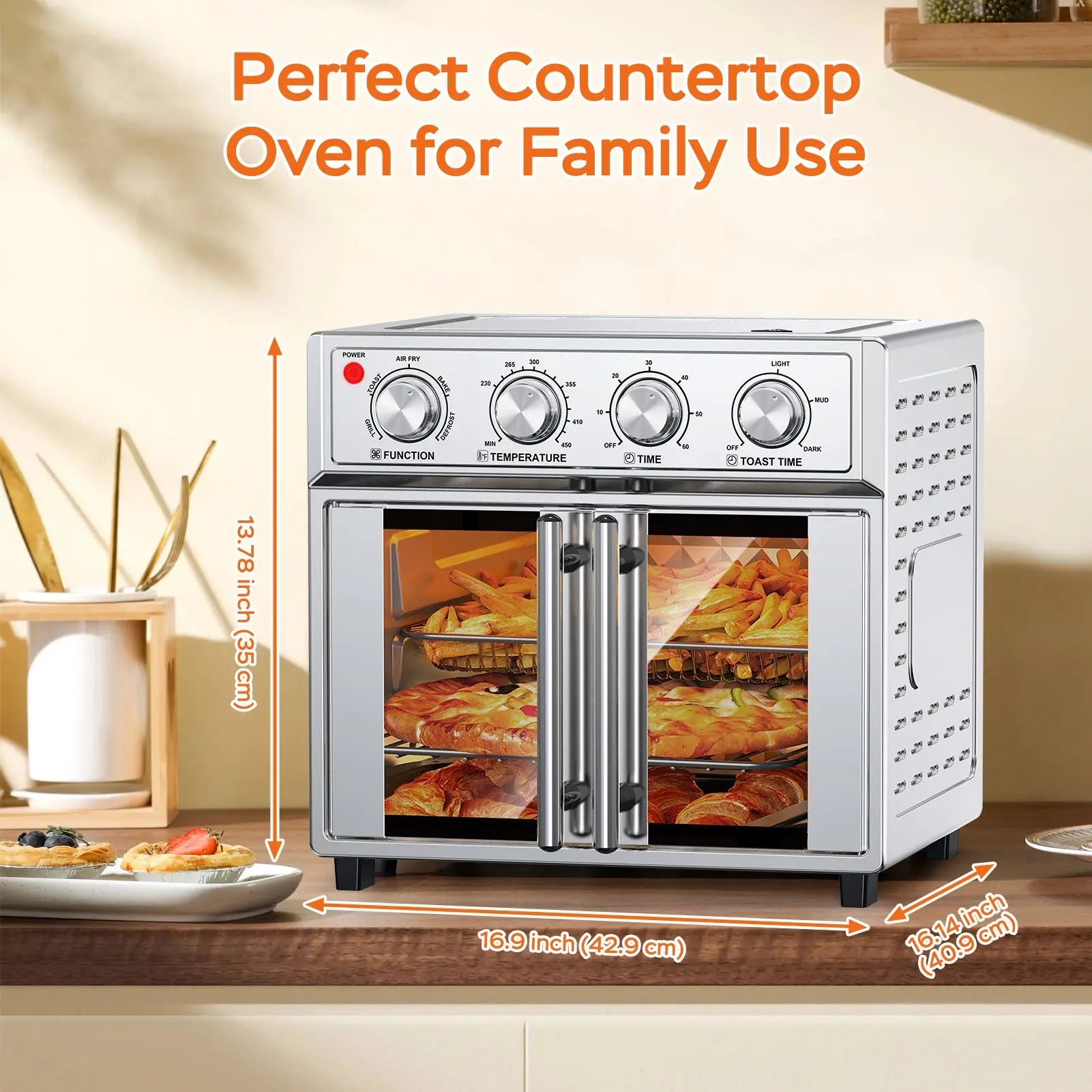 29.5 QT French Door Air Fryer Convection Toaster Oven, Extra Large 6 Slices, 1700W, Multifunction Oven for Air Fryer, Toast, Grill, Defrost, Bake, Time and Temperature Controls, Silver