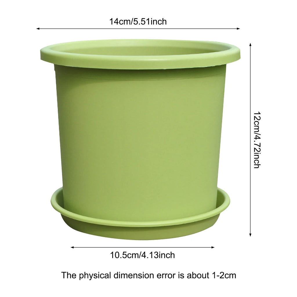 Dimension diagram for green thick plastic self-watering flowerpot: 14cm x 12cm