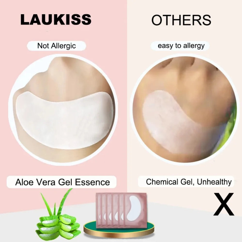 Hypoallergenic white gel under-eye patches for lash extensions, enriched with soothing aloe vera essence.