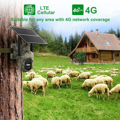 Outdoor camouflage solar trail camera mounted on a tree with solar panel