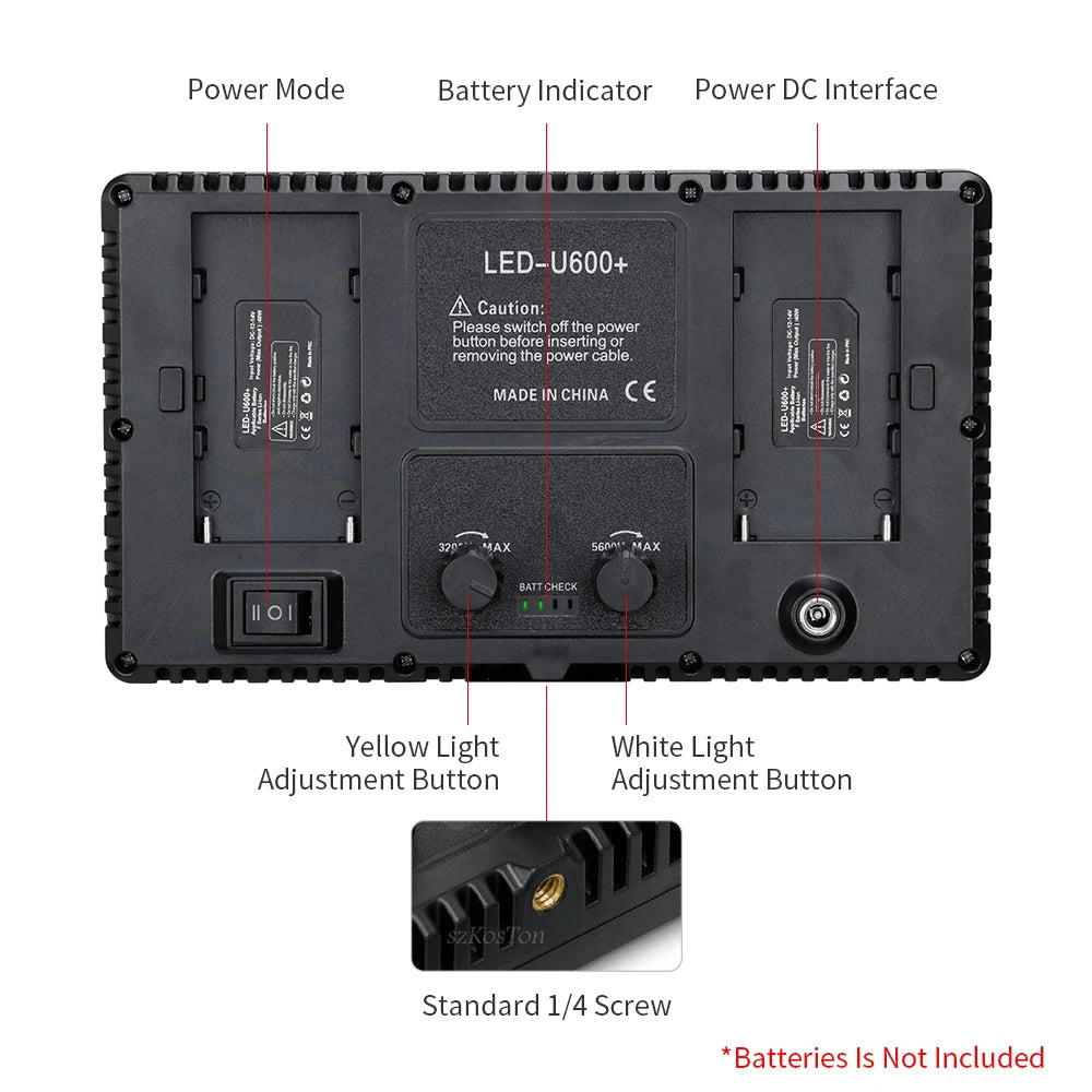 Black rectangular LED-U600+ video light back panel with battery mounts, brightness dials, and a 1/4-inch tripod screw.