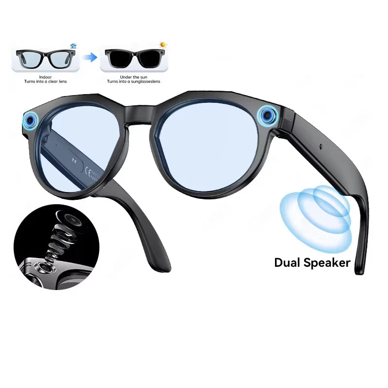 Black smart glasses with photochromic lenses, built-in camera, and dual speakers for audio and light protection.