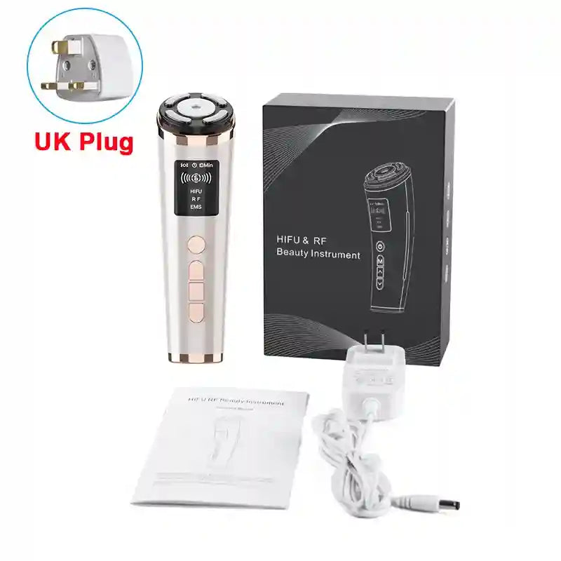 Mini HIFU and RF facial lifting machine with EMS, digital display, charger, and manual, featuring a rose gold design.