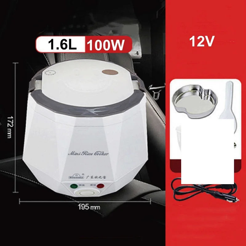 1.6L car rice cooker with 12V power setup, white body and round lid