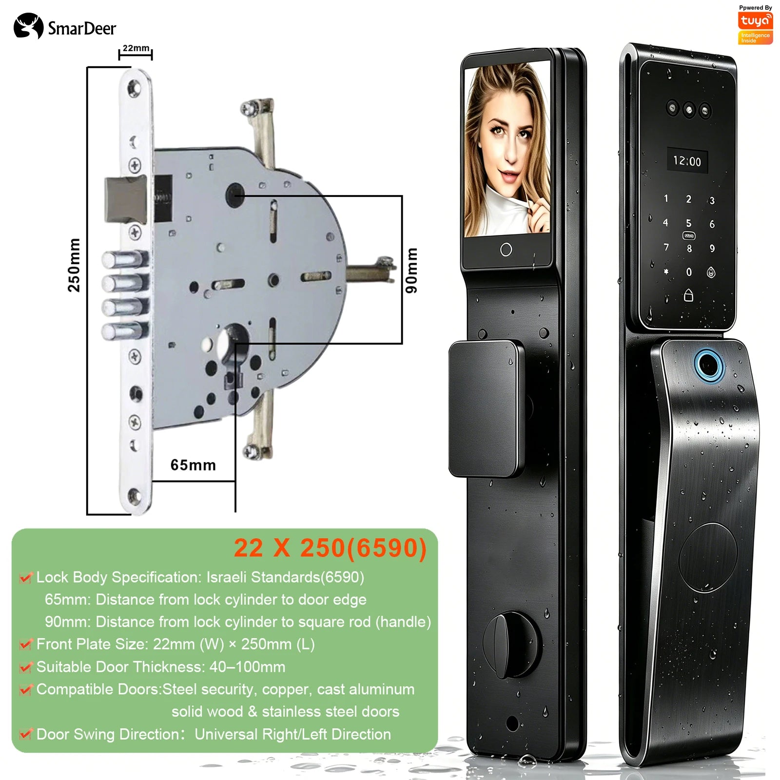 SmarDeer IP66 Outdoor Waterproof Smart Lock,3D Facial & Palm Vein Recognition Lock,Tuya WiFi Keyless Entry Security Lock