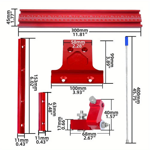 Red guide rail measuring diagram with dimensions and blue adjustment pins