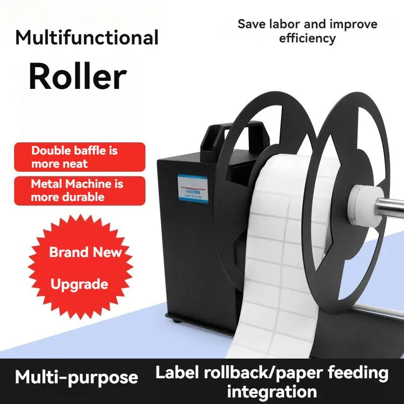 Automatic label rewinder machine with dual rollers and white label roll feeding device