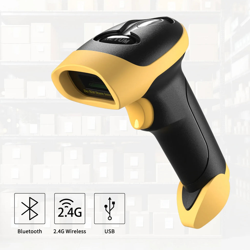 Yellow-and-black 2D handheld barcode scanner with Bluetooth, 2.4G, and USB indicators