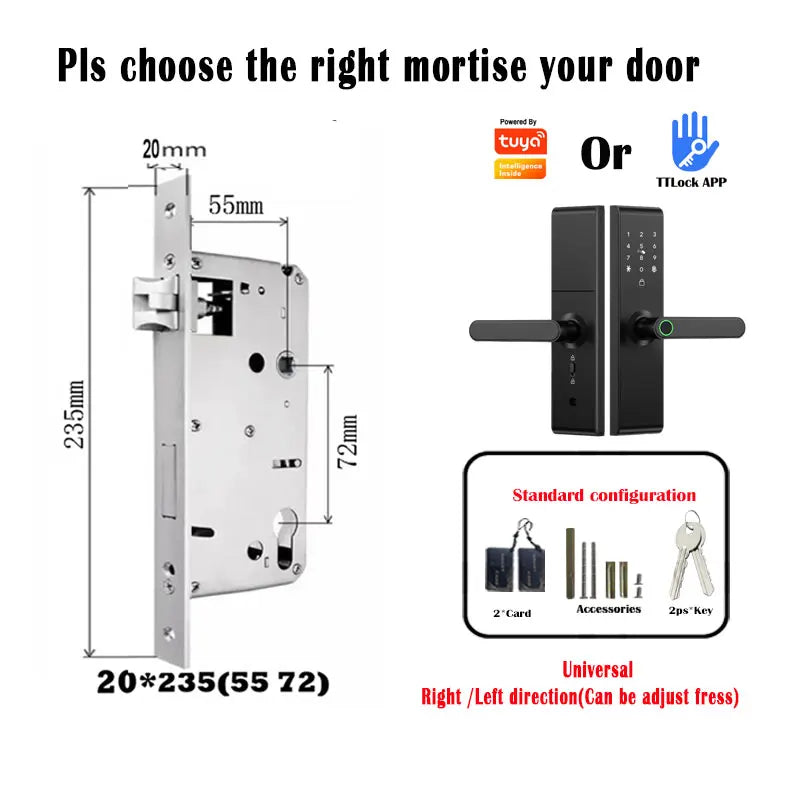 Keyless Tuya Bluetooth APP Digital Biometric Fingerprint Electric Smart Door Handle Key Card Lock with 5050 72 85 Mortise