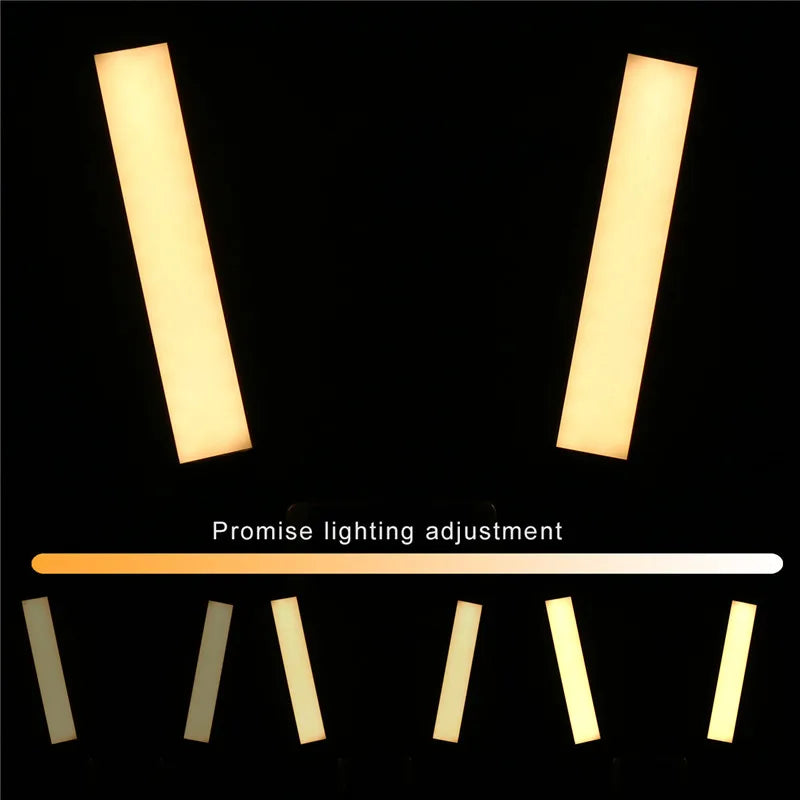 Two slim rectangular LED light bars shown with a color temperature slider for warm-to-cool light adjustment.