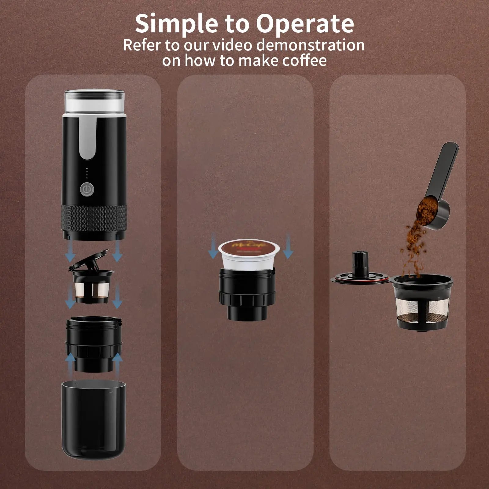 Portable black electric coffee maker for pods and grounds. Compact, durable plastic design with easy-to-load basket.