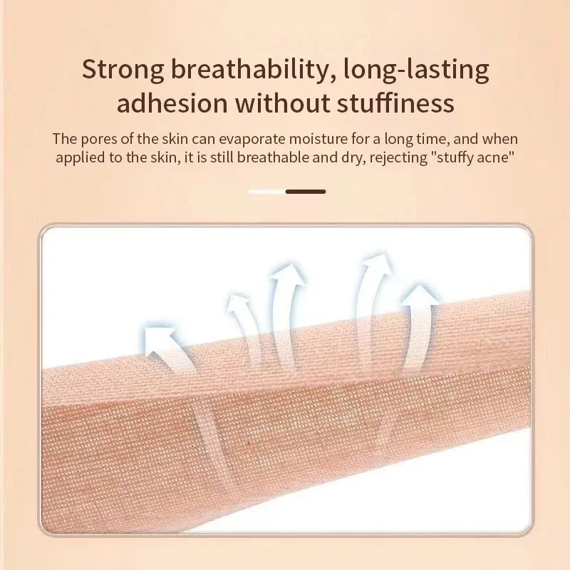 Beige kinesiology face lifting tape with white arrows indicating air permeability and moisture evaporation.