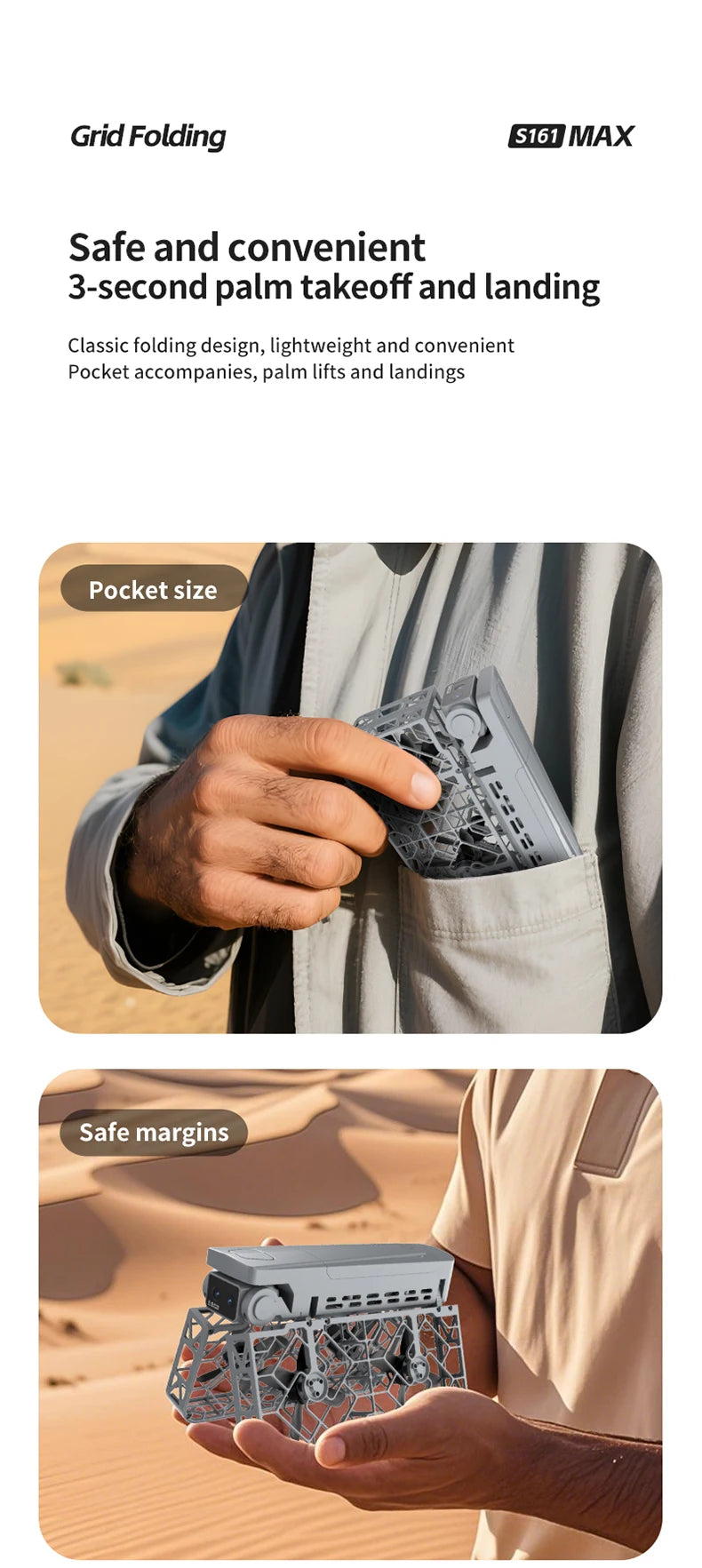 Grey S161 MAX foldable pocket-sized drone with protective prop guards, held in hand for easy takeoff and landing.