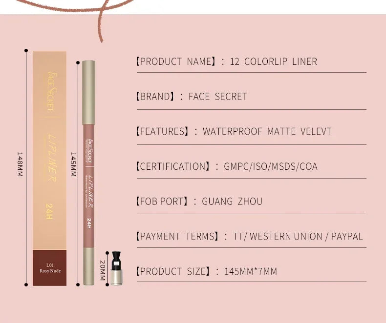 Face Secret waterproof matte lip liner pencil in Rosy Nude, 145mm long, professional cosmetic packaging.