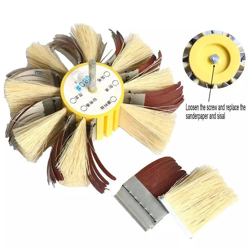 Shaft-mounted sisal and emery polishing brush wheel with tan bristles and brown abrasive pads