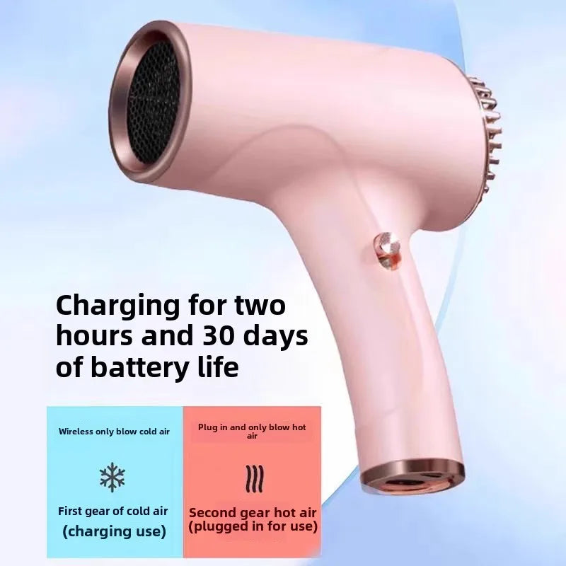 Pink portable wireless hair dryer with cold and hot air modes, compact design for professional travel styling.