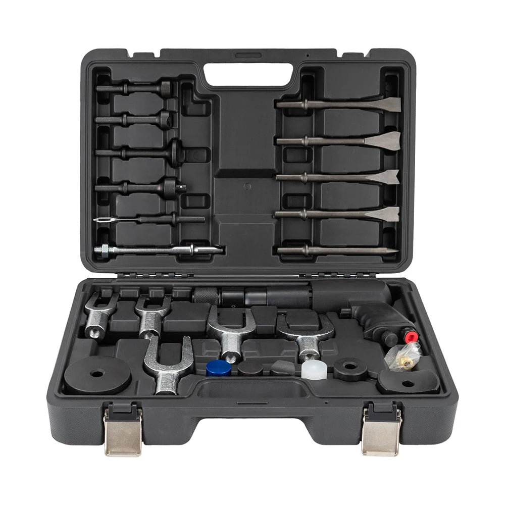 Podofo 25Pcs Air Hammer Kit Multi-functional Pneumatic Hammer Piece Chisel Set Ball Joint Separator Set 2100 BPM Quick Change Retainer Air Hammer Bits