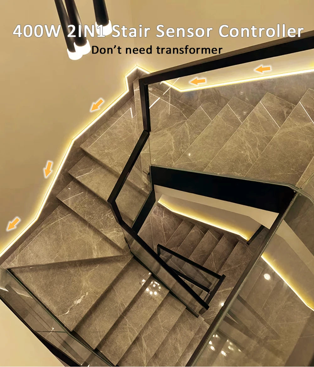 5M 10M 15M Sensor Motion Stairs LED Strip Light Kit 24V COB Water Flow Staircase Step Lighting for Interior Ladder Corridor Lamp