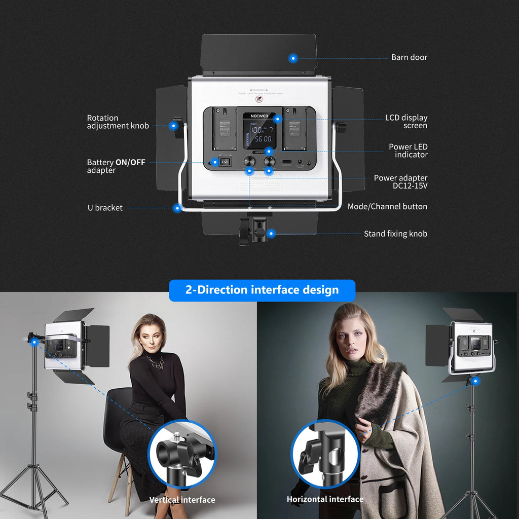 Silver LED video light with barn doors, LCD screen, and U-bracket for vertical or horizontal studio lighting setups.