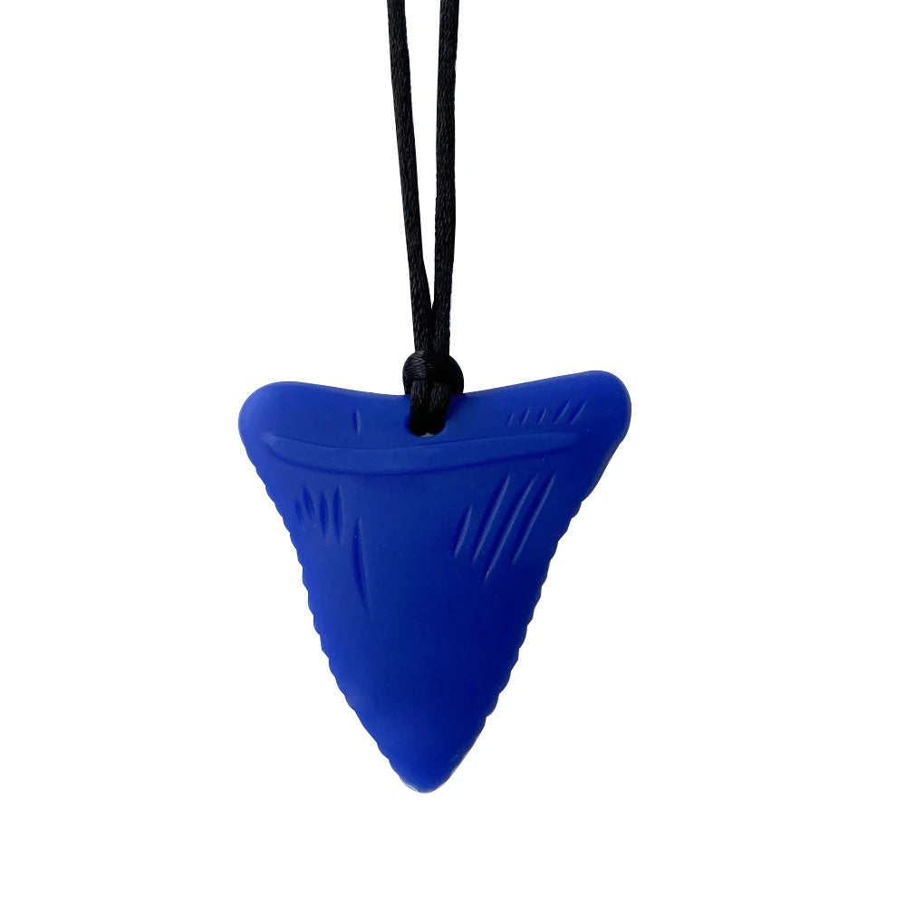 Blue silicone shark tooth teething toy necklace for baby teething relief.