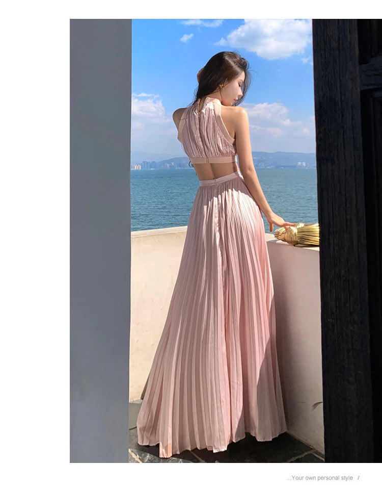 New Sexy Club Birthday Party Pleated Robe Long Dresses Women Summer Halter Neck Sleeveless Off The Shoulder Holiday Beach Dress