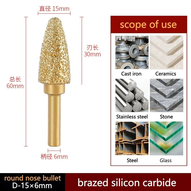 Brazed silicon carbide grinding head, pointed round-bullet cone on 6 mm shank; gold; 15 mm.