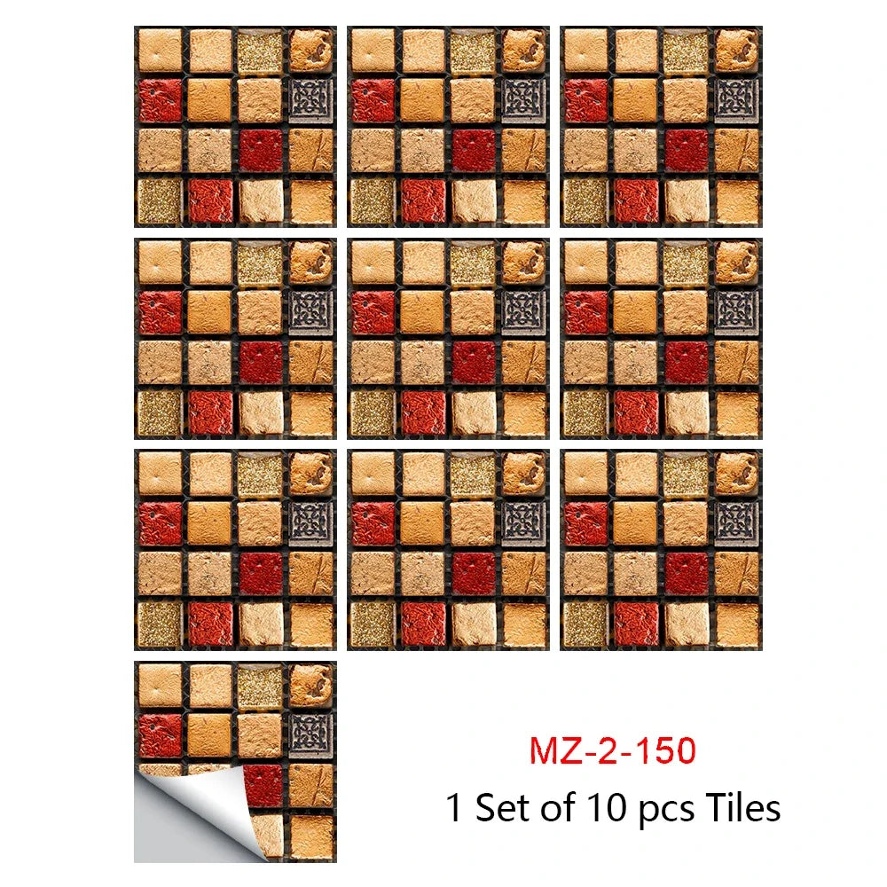 Mosaic tile sticker set, 10pcs gold, tan, and red square tiles with textured finish
