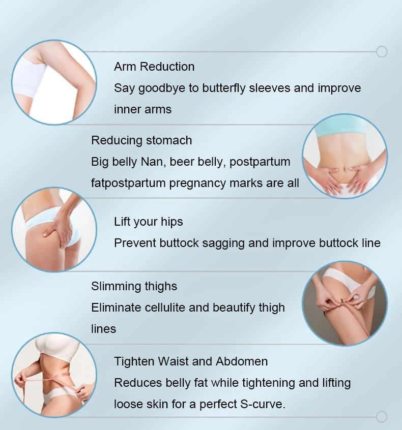 Informational infographic for a 40k body massager showing targeted slimming results on arms, stomach, hips, and thighs.