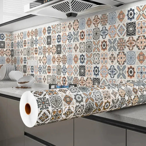 Patterned waterproof kitchen wall vinyl sticker sheets with decorative tile design
