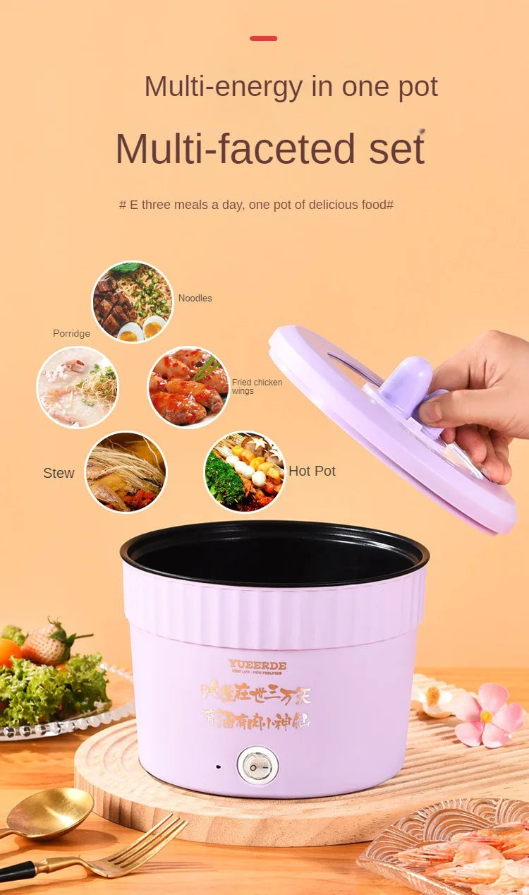 Purple electric multi-cooker hot pot with black inner pan and lid handle